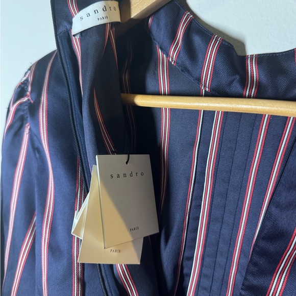 NWT Sandro Respect Navy/White/Red Striped Puff-Sleeve Women’s Mini Dress 40/8 - Picture 11 of 13